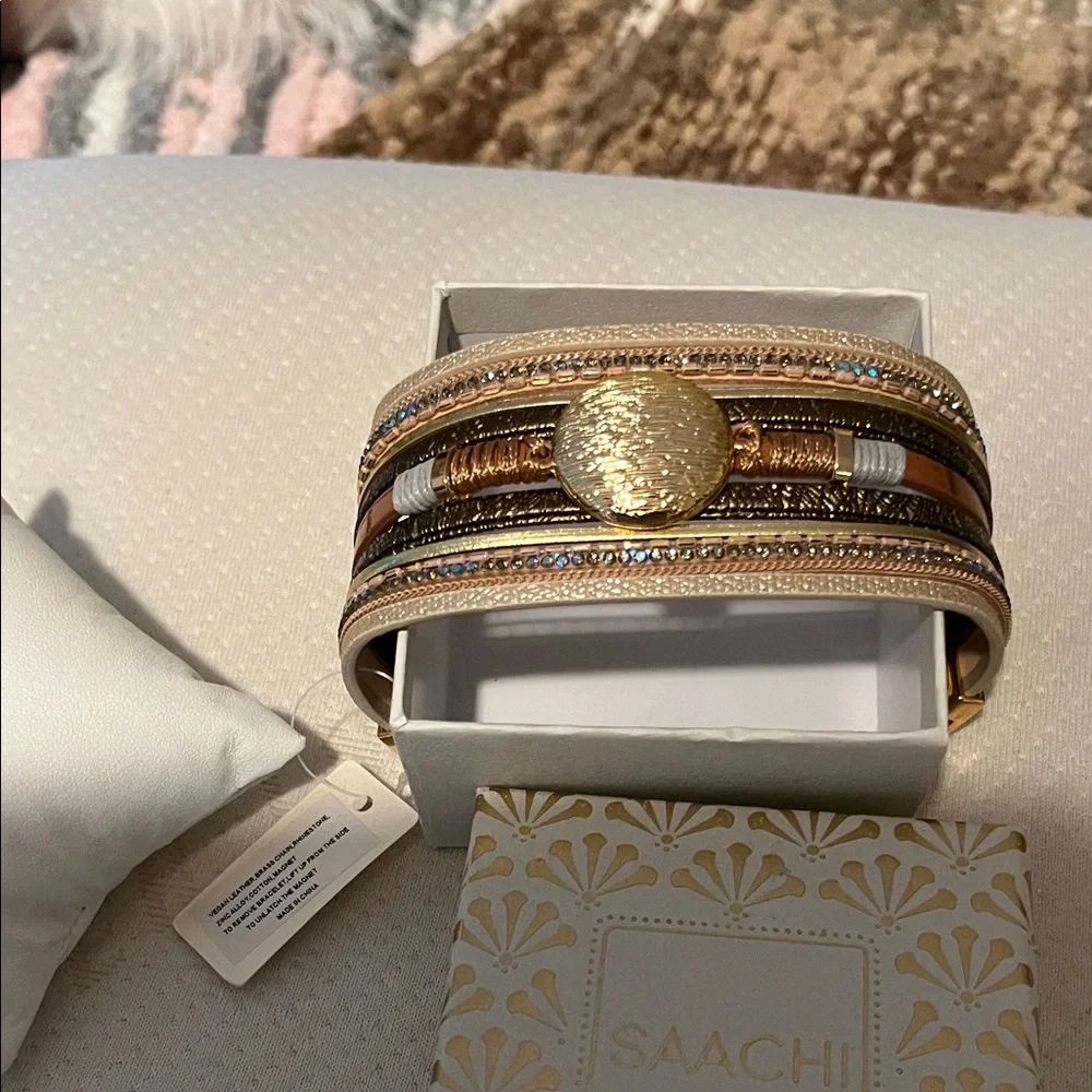 NIB Saachi Elegant Gold and Black Bangle Set Vegan Leather Brass Rhinestone - Picture 3 of 10